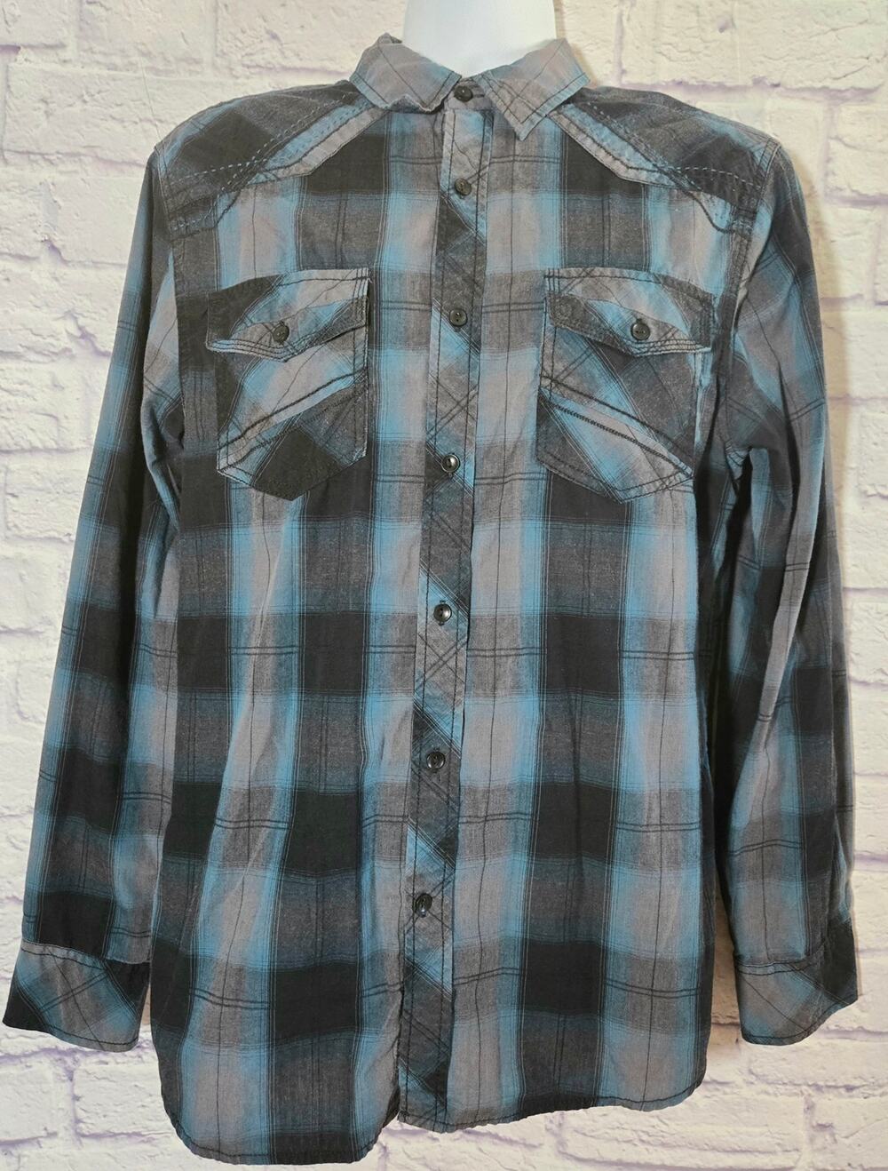 Rerun Blue Black Plaid Button Up Roll Tab Sleeves Men's Shirt Medium